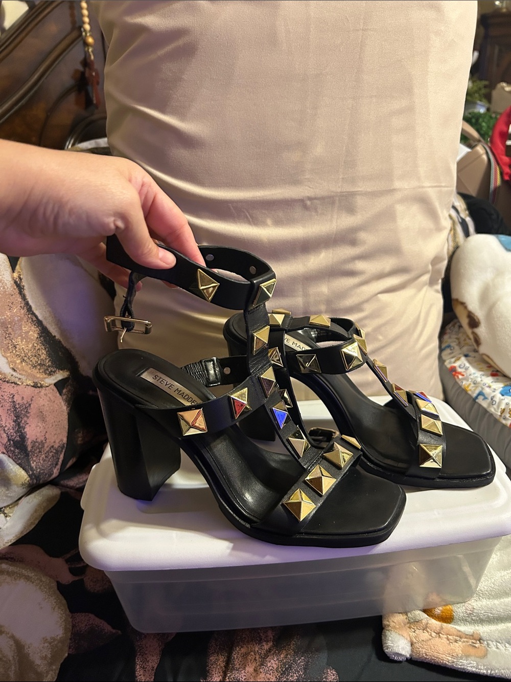 Steve Madden Black Block Heel Sandals with Gold Pyramid Studs